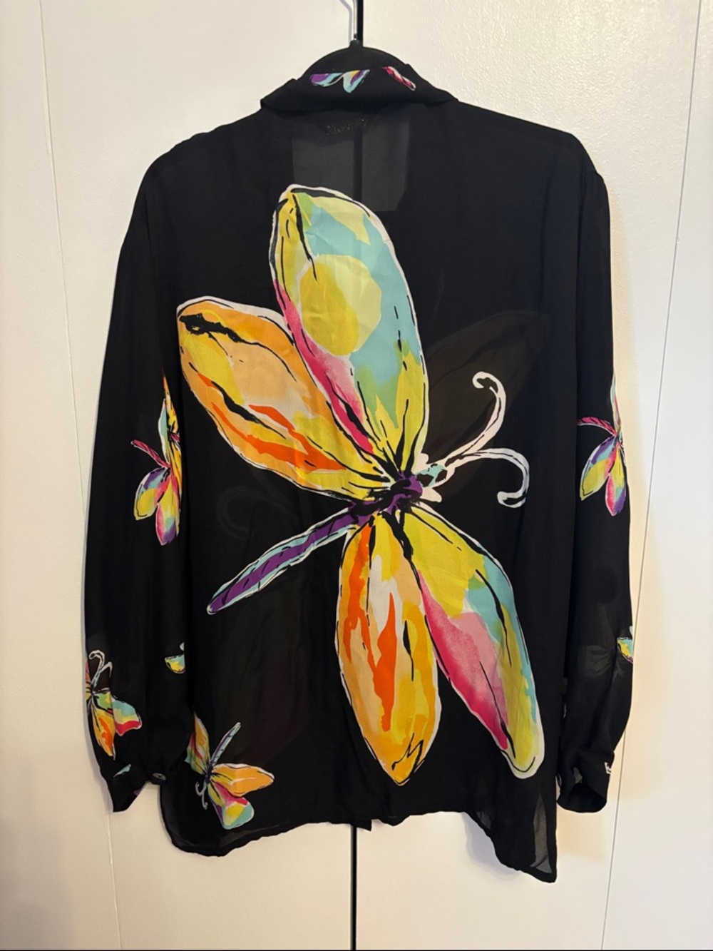 Silk Black Butterfly Print Blouse - Picture 3 of 8